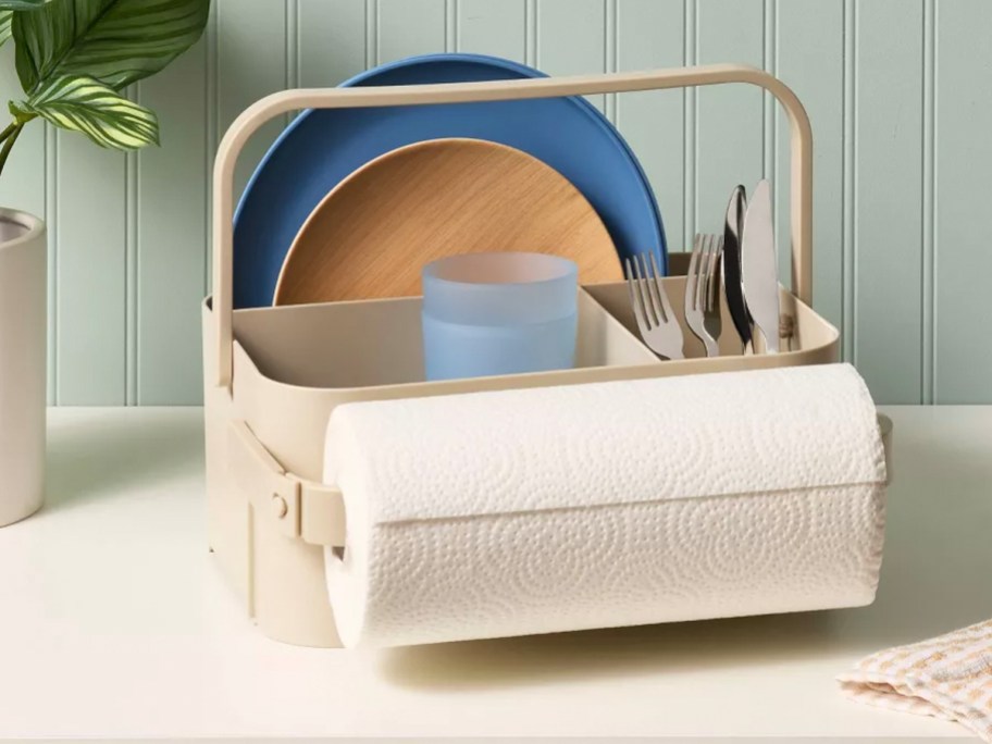 tan paper towel caddy on table