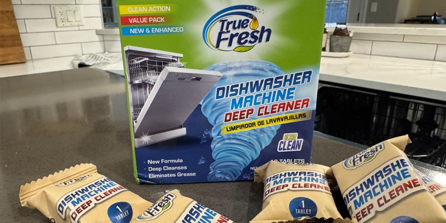 true fresh dishwasher cleaner box on counter with tablets