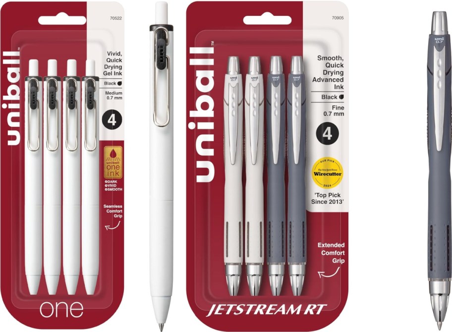 Two packs of Uni-ball pens; left pack contains four white gel pens with black ink, right pack includes four black and silver pens. 