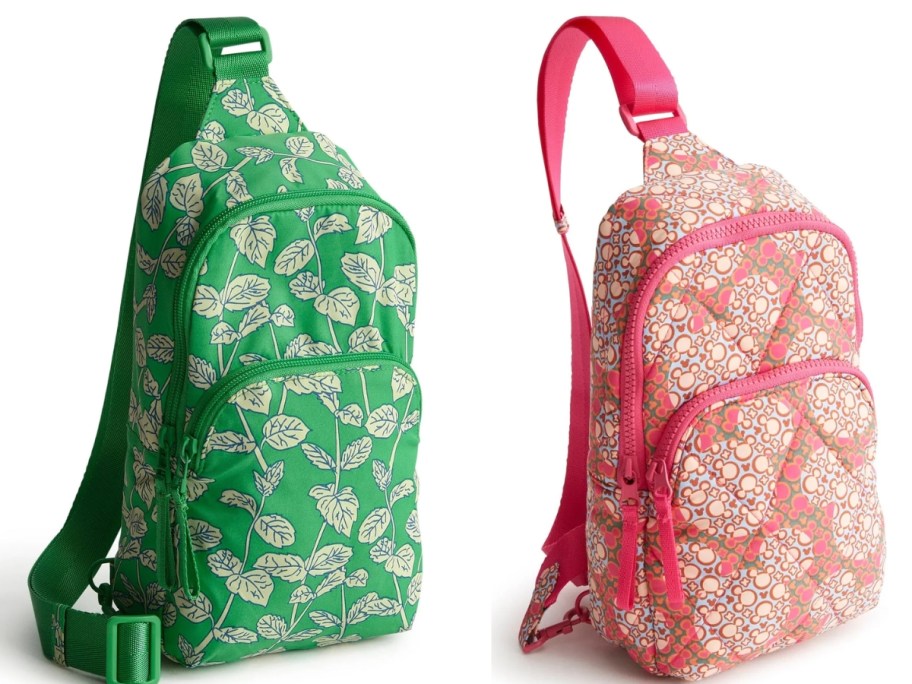 a green floral sling backpack and a pink Disney Mickey Mouse floral sling backpack