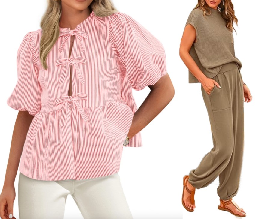 pink bow blouse and tan sweater set