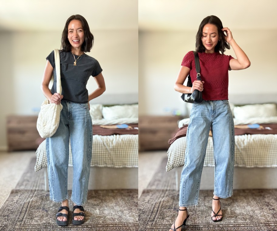 woman in black and maroon tee in barrel jeans