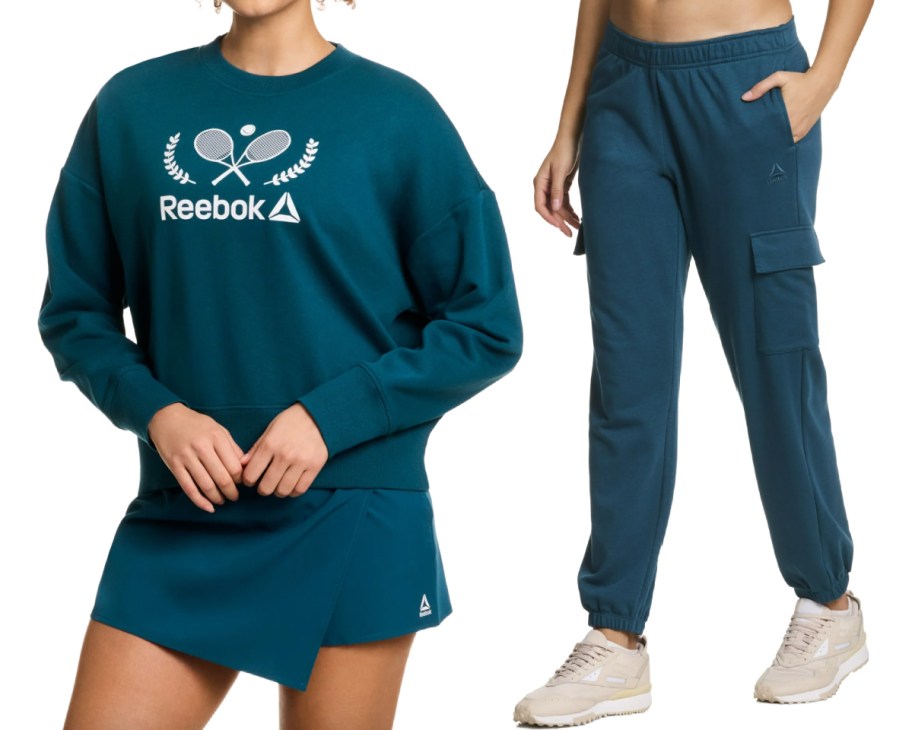 women in teal crewneck and joggers