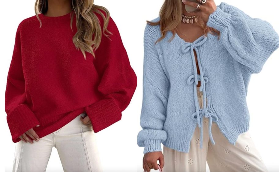 women in red and blue sweaters