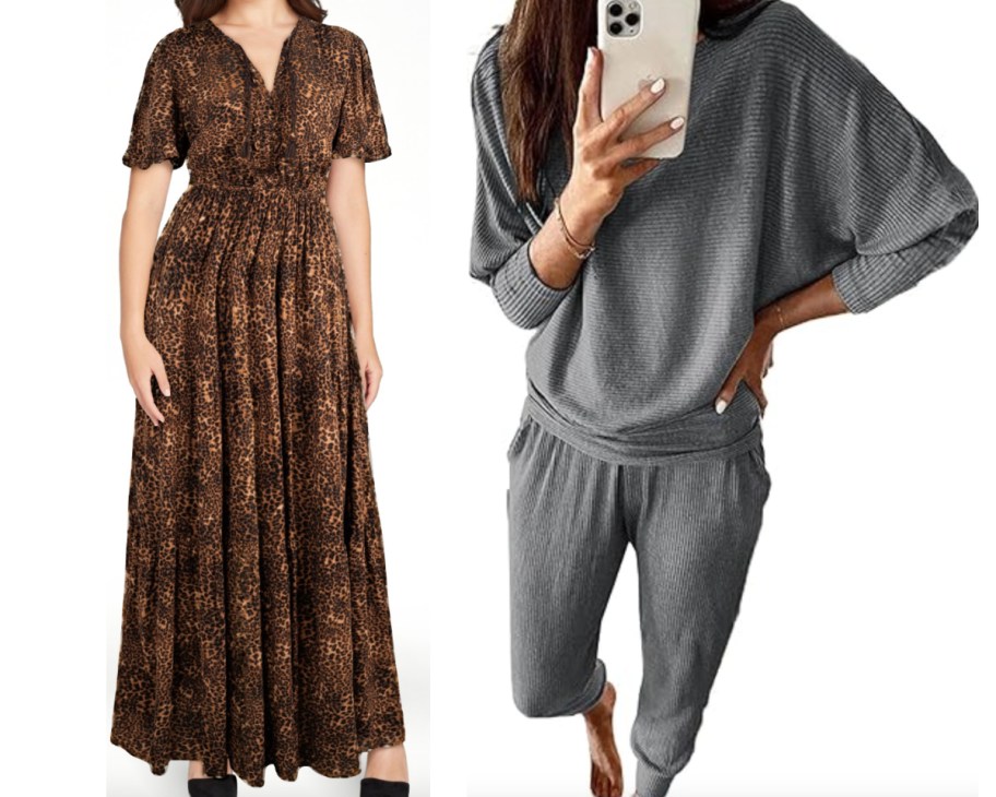 women in brown dress and grey sweater outfit