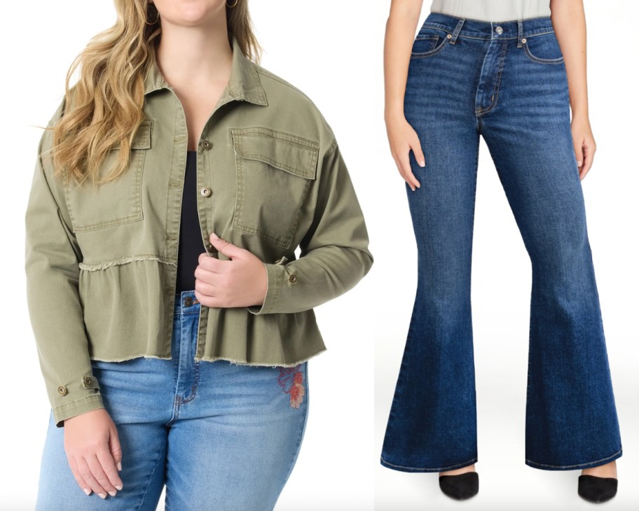 women in green jacket and jeans