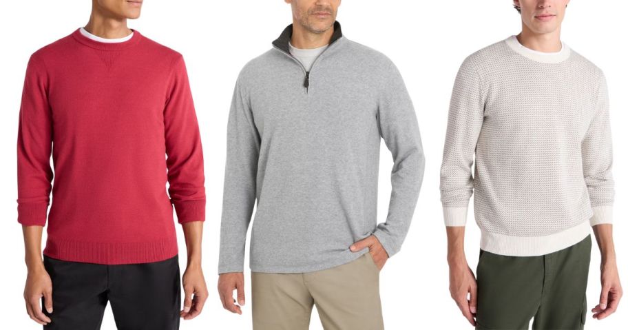 three men wearing sweaters