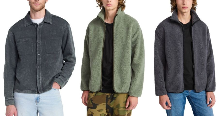 three men wearing jackets