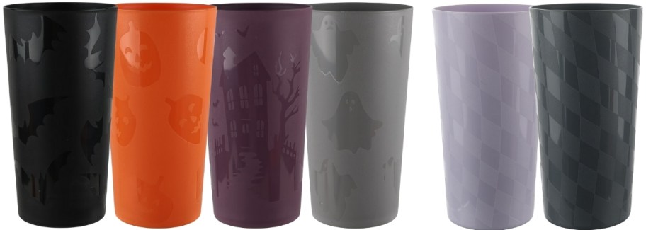 6 etched plastic cups in different designs