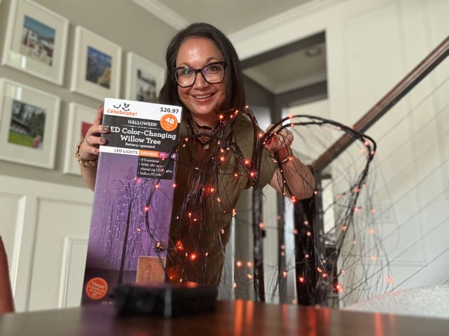 woman holding LED Color-Changing Willow Tree and box