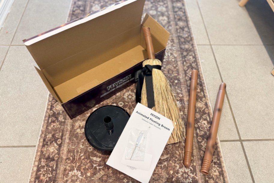 witch's broom pieces, instructions and box.
