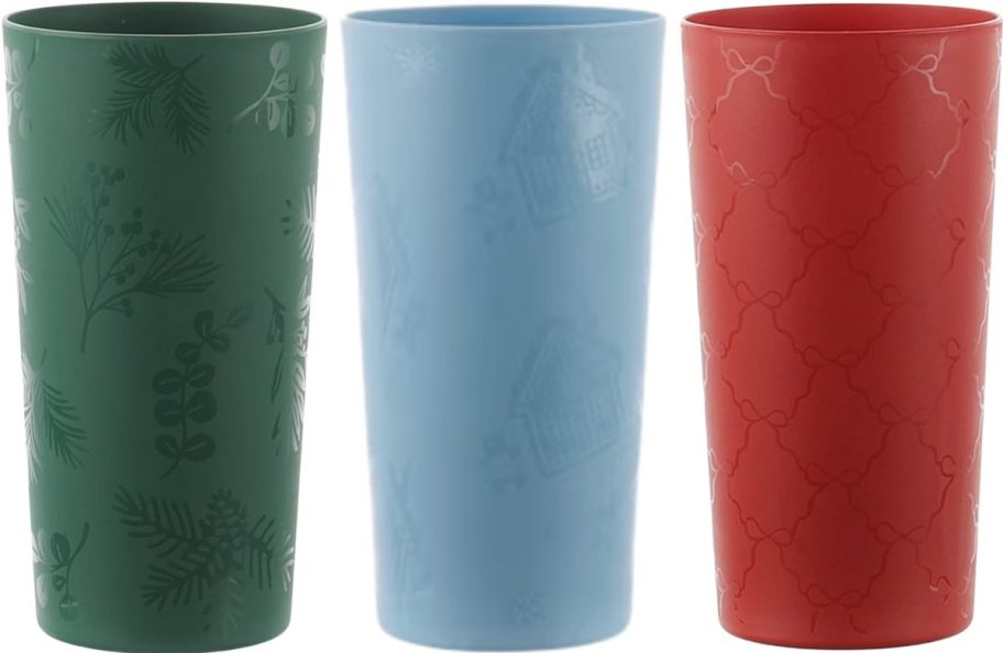 3 etched plastic cups in different designs