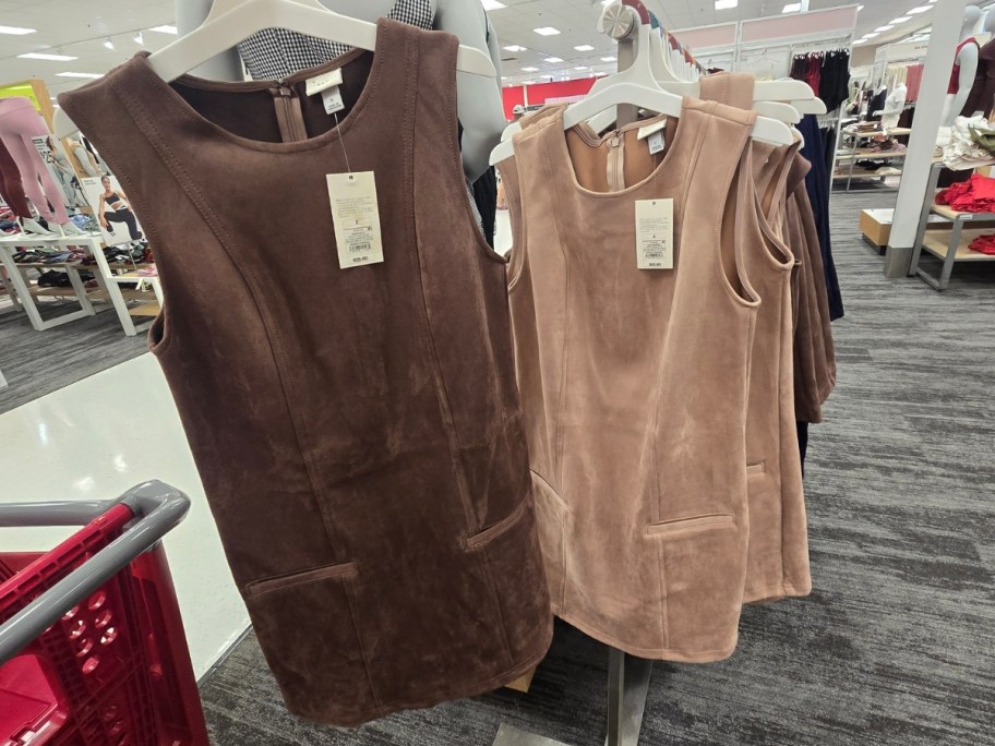 a bran and a tan suede mini dress on a rack at Target