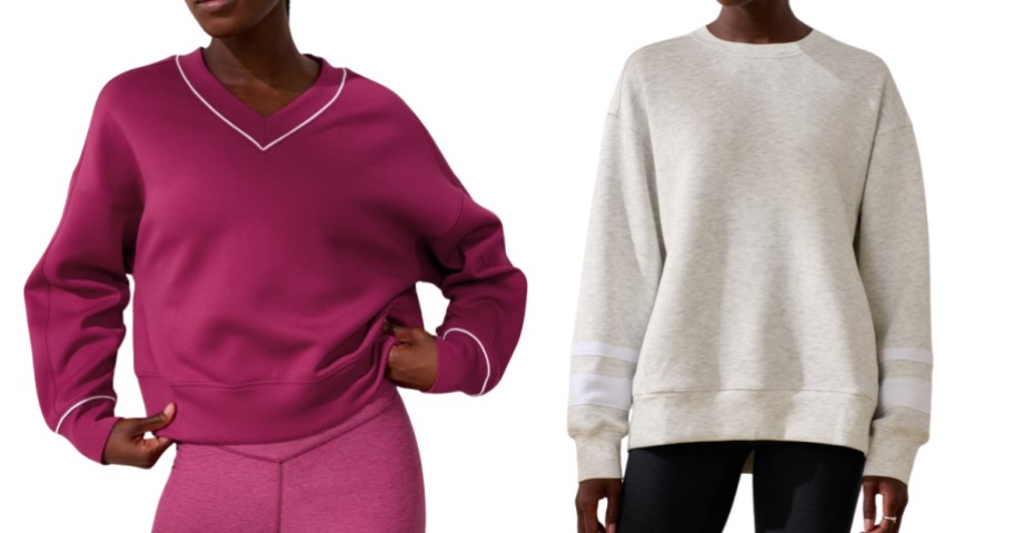 woman wearing a pink v-neck sweatshirt and woman wearing a tan sweatshirt