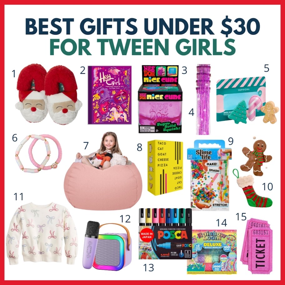 best gifts under $30 for tween girls with random stock photos of items