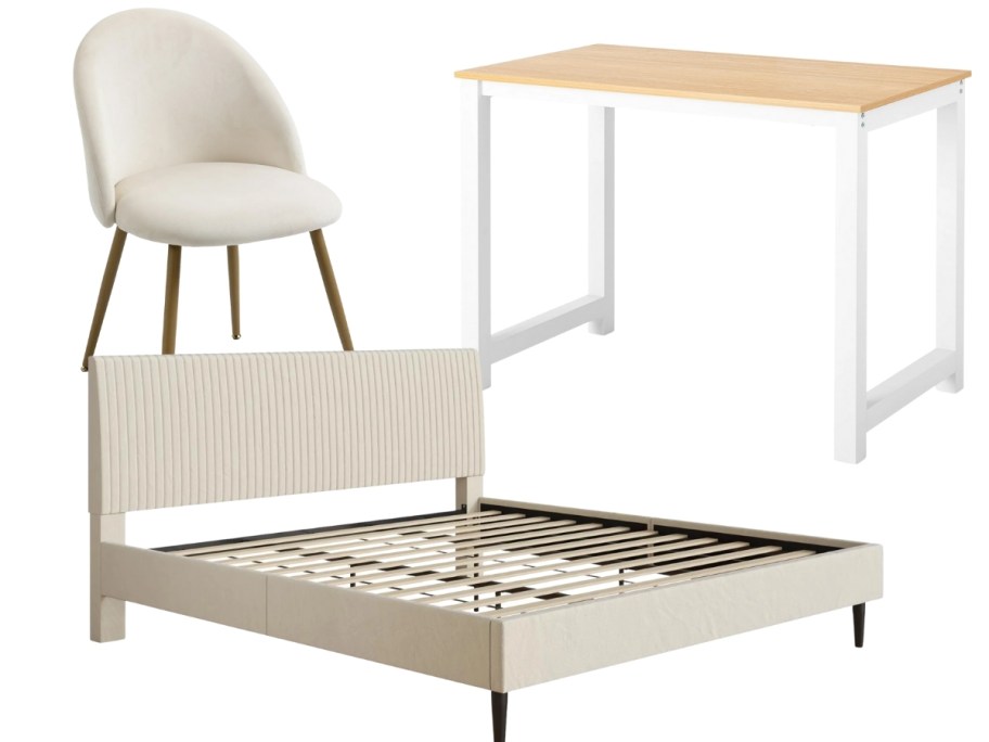 an accent chair, a desk, and a platform bed frame