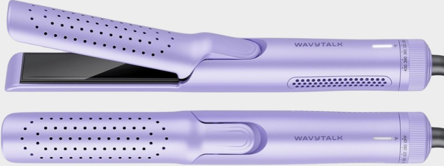 a purple hair flat iron shown closed and open
