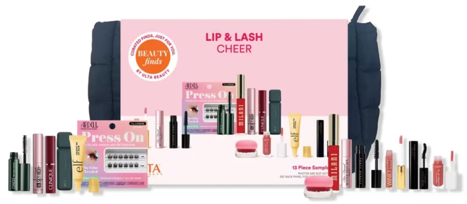 an ULTA sample kit with a cosmetic bag and skincare and beauty samples