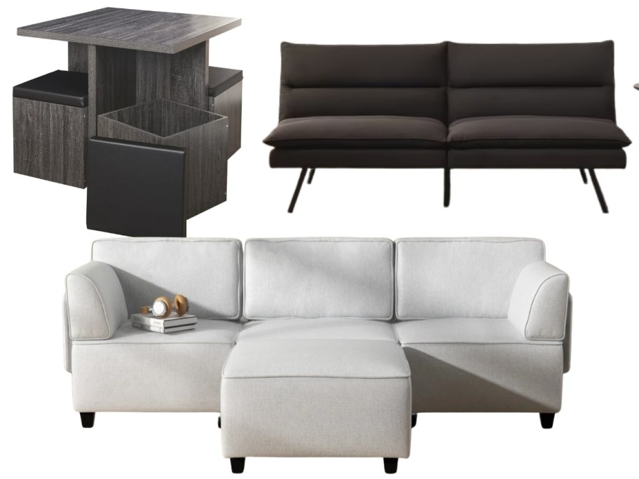 a dining room set, a futon, and a sofa with ottoman