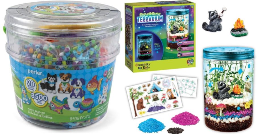 a large bucket of Perler Beads and a kids Terrarium Grow Kit