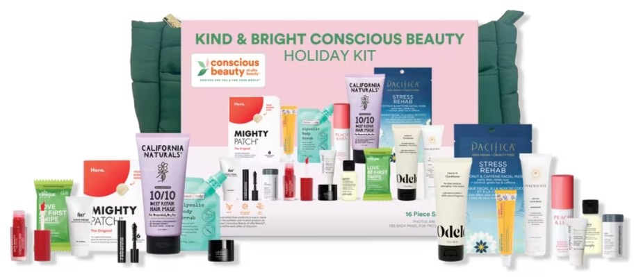 an ULTA sample kit with a cosmetic bag and skincare and beauty samples
