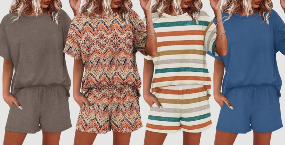 4 models in different colored 2 piece lounge sets