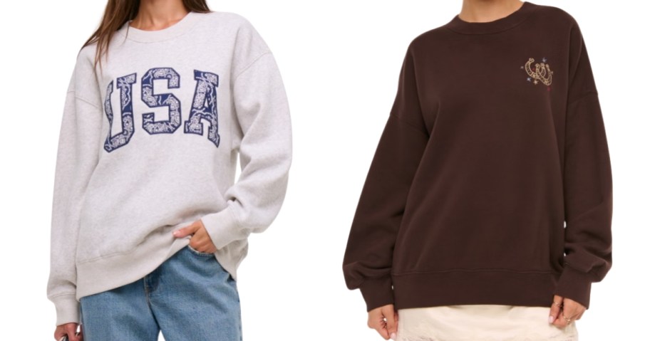 woman wearing a USA sweatshirt and woman wearing a western theme sweatshirt