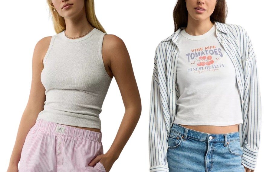 woman in a tank top and a woman in a vintage style baby tee