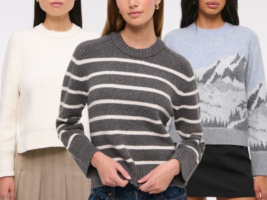 Stock images of 3 women wearing Abercrombie Madelaine Sweaters