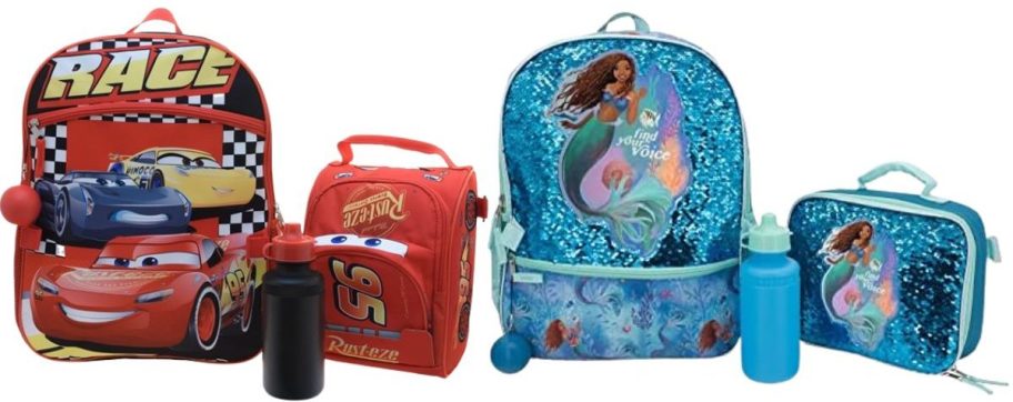 Accessory Innovations 4-Piece 16 Disney Cars and little mermaid Backpack Schoolbag w Lunch Box & Water Bottle