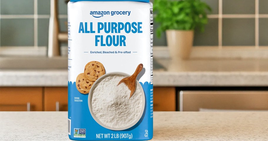 bag of Amazon Grocery All Purpose Flour on kitchen counter