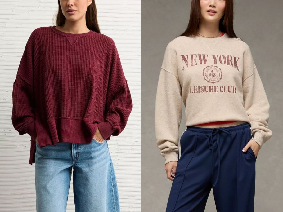 American eagle sweaters in burgundy and beige