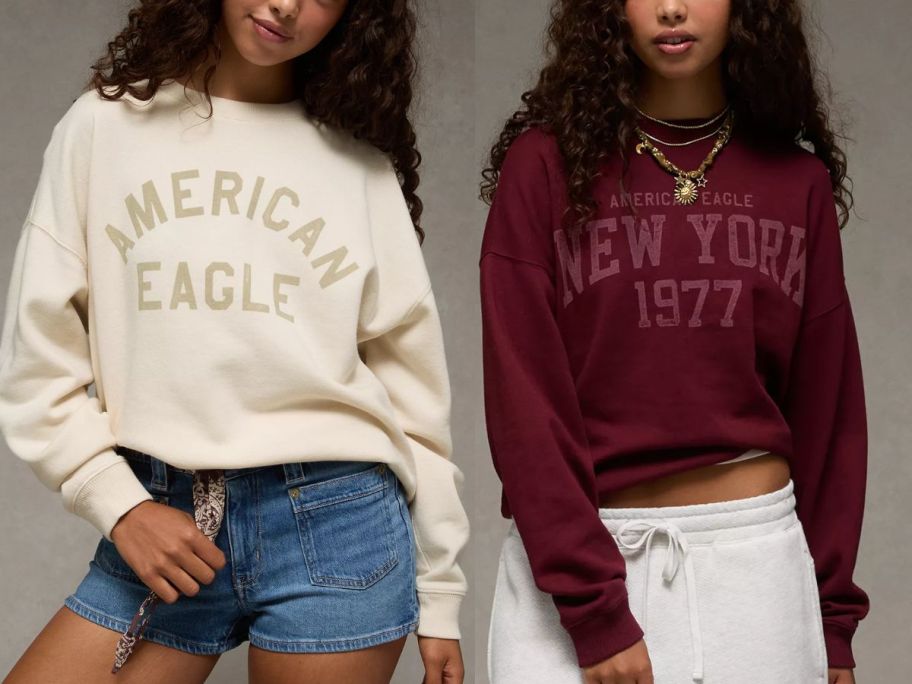 American eagle sweaters in beige and burgundy