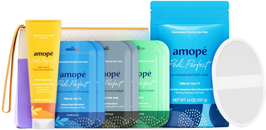 packets of foot scrubs with exfoliator and cosmetics bag