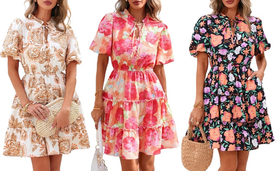 BTFBM Women Summer Floral Short Dresses V Neck Short Sleeve Tiered Ruffle Boho Swing Dress