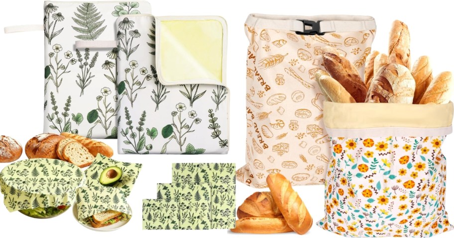 stock images of beeswax bread bags in different styles holding bread