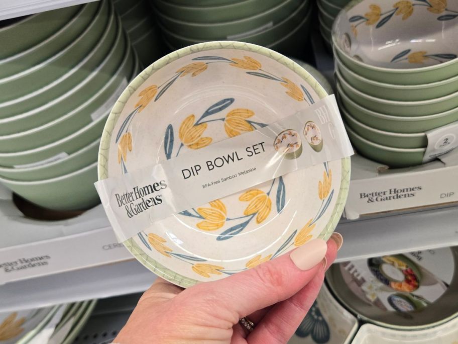Better Homes & Gardens 2-Piece Bamboo Melamine Floral Dip Bowl Set in hand in store