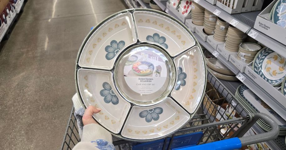 Better Homes & Gardens Bamboo Melamine Floral Chip & Dip Serve Tray in hand in store