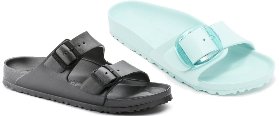 black and light blue Birkenstock sandals