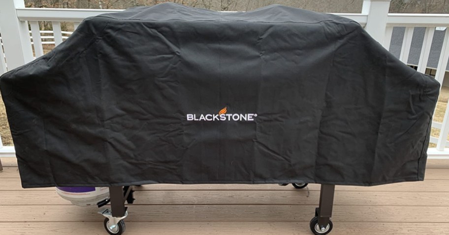 Blackstone grill cover on deck outside
