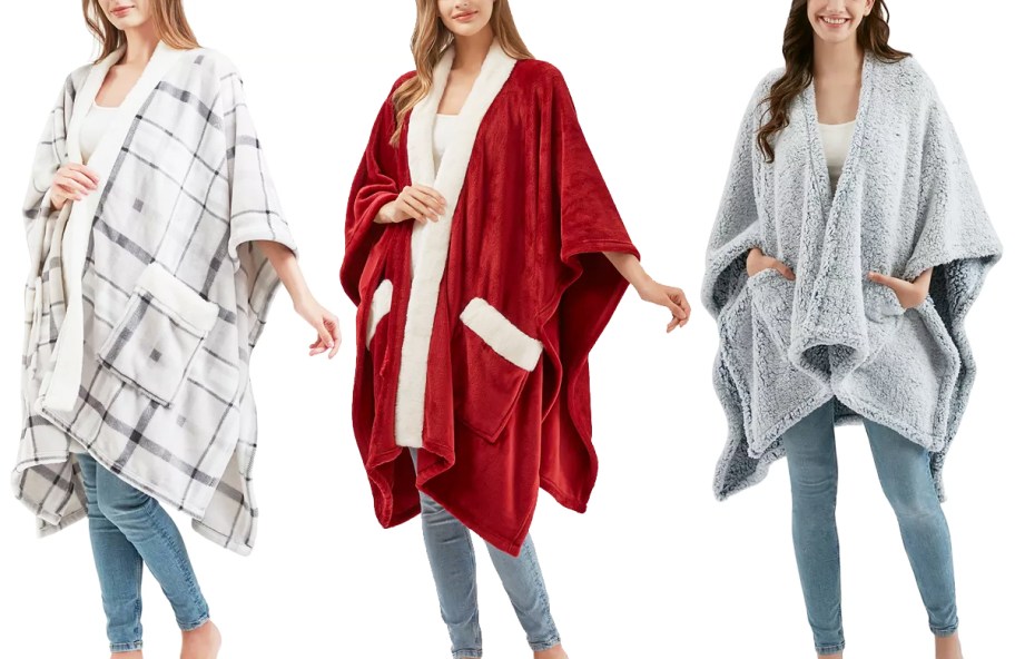 three women modeling blanket wraps