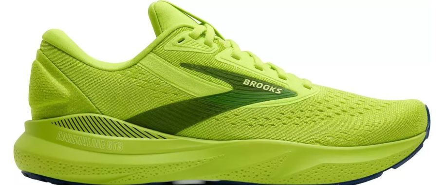 A lime green running shoe