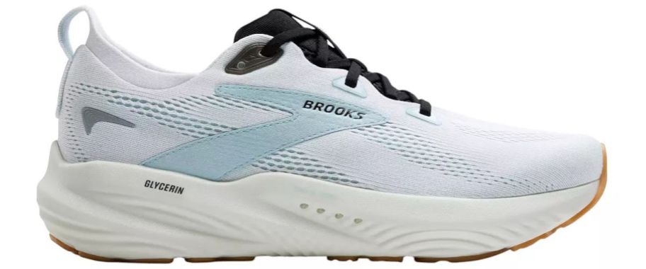 A blue and white running shoe