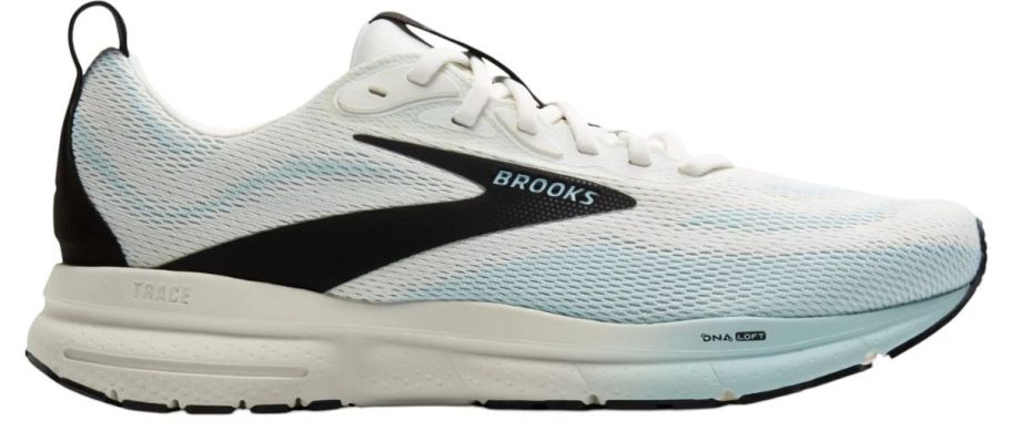 A blue and white running shoe