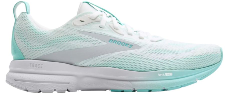 A blue and white running shoe