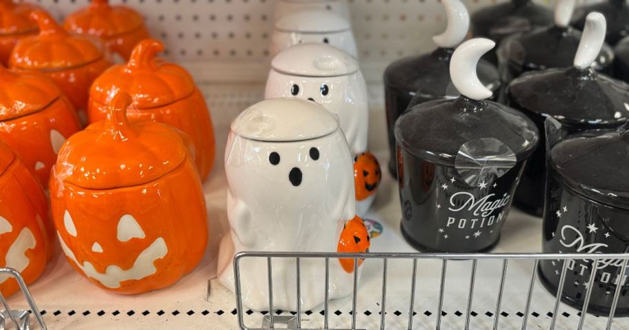 pumpkins, ghosts, and poison bottle ceramic jars