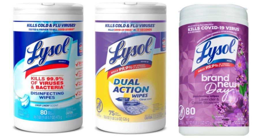 three tubs of disinfecting wipes