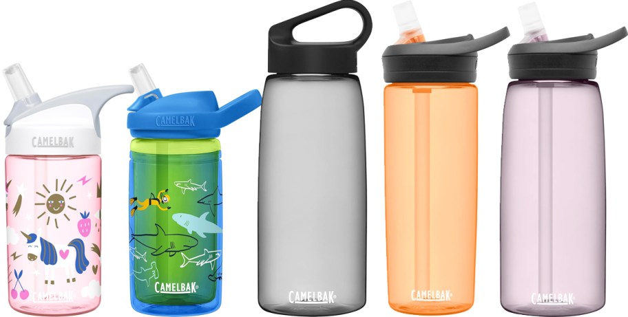 5 CamelBak water bottles in various colors