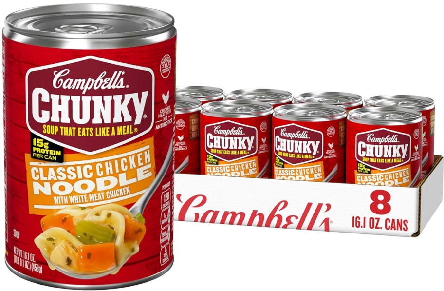 can of Campbell's Chunky Chicken Noodle Soup with case of more cans behind it