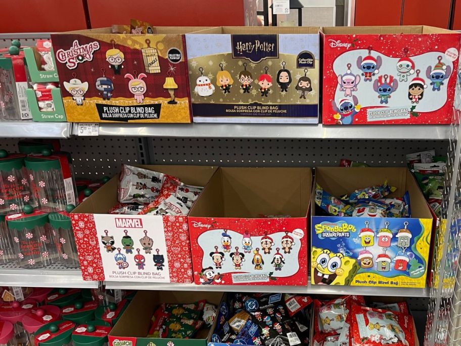 display of Christmas Character Plush Clip Blind Bags